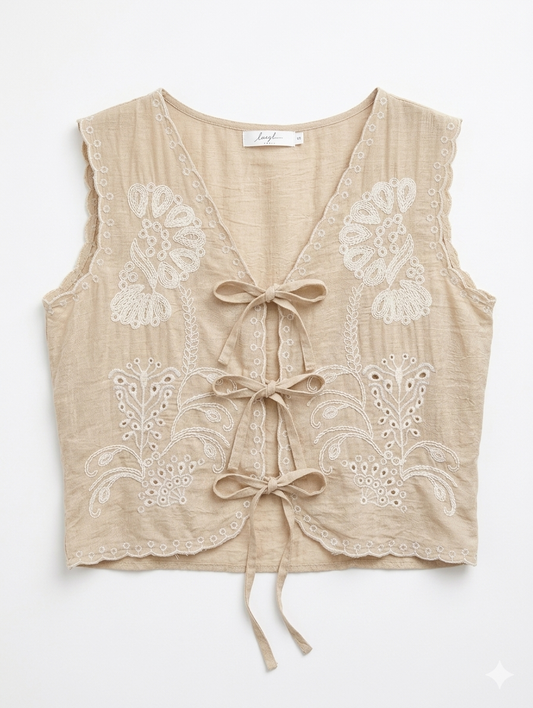 Luna Azure Embroidered Vest – Oatmeal