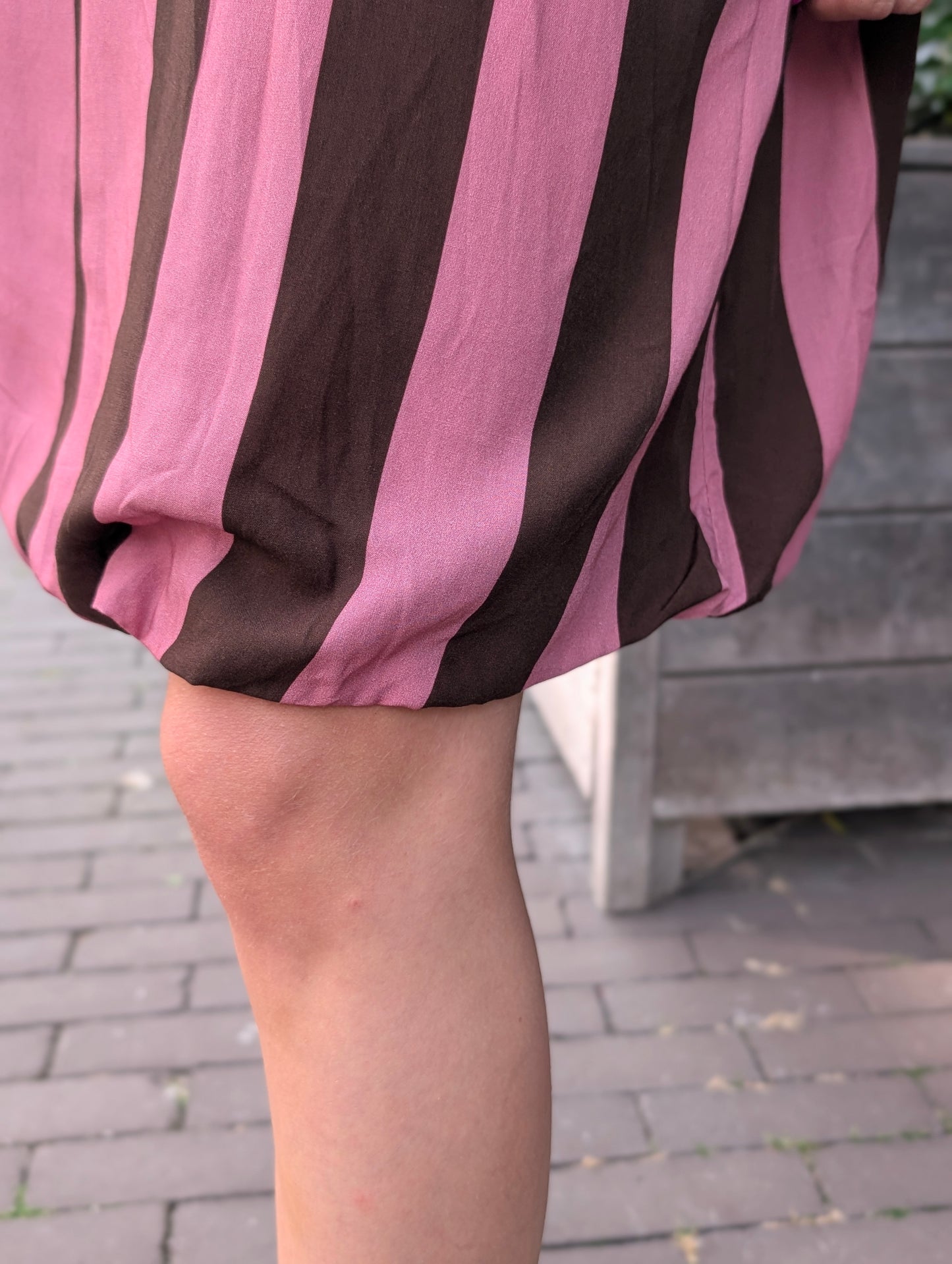 Gestreepte ballon jurk - Roze/Bruin