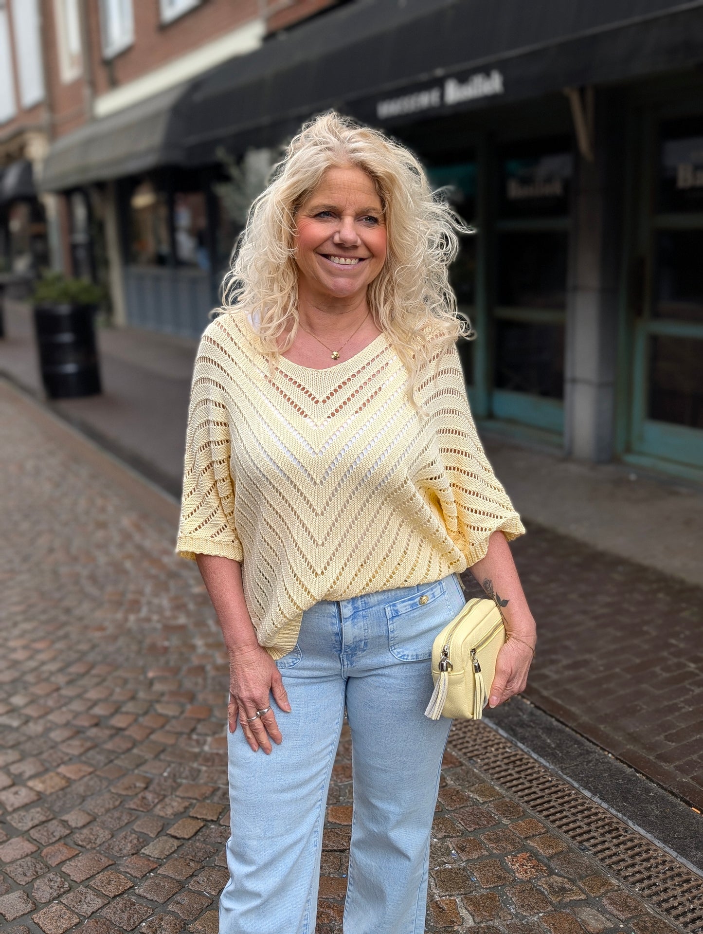 Gehaakte trui Maud met korte mouw - Geel