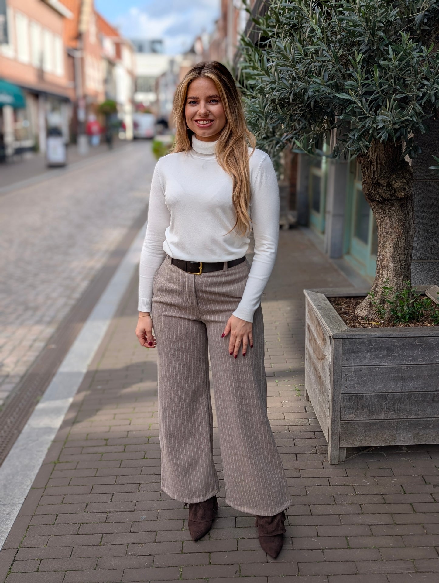 Patty streep wide leg pantalon met riem - Taupe krijtstreep wit