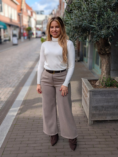 Patty streep wide leg pantalon met riem - Taupe krijtstreep wit
