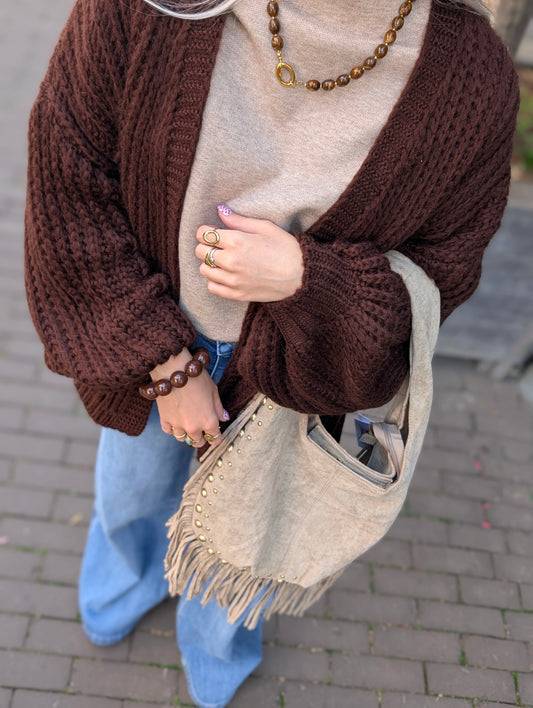 Suède look tasje met franjes en studs - Zand