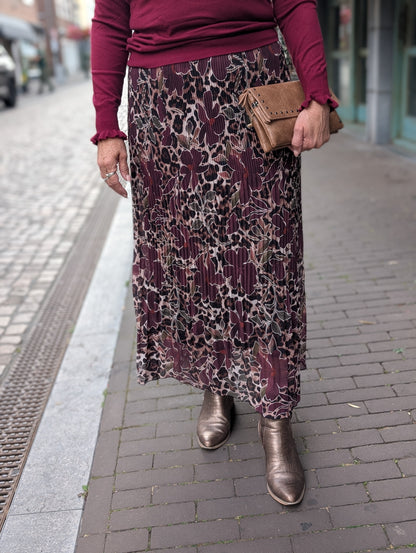 Liza plise rok - Bloemen wijn rood