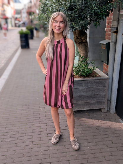Gestreepte ballon jurk - Roze/Bruin