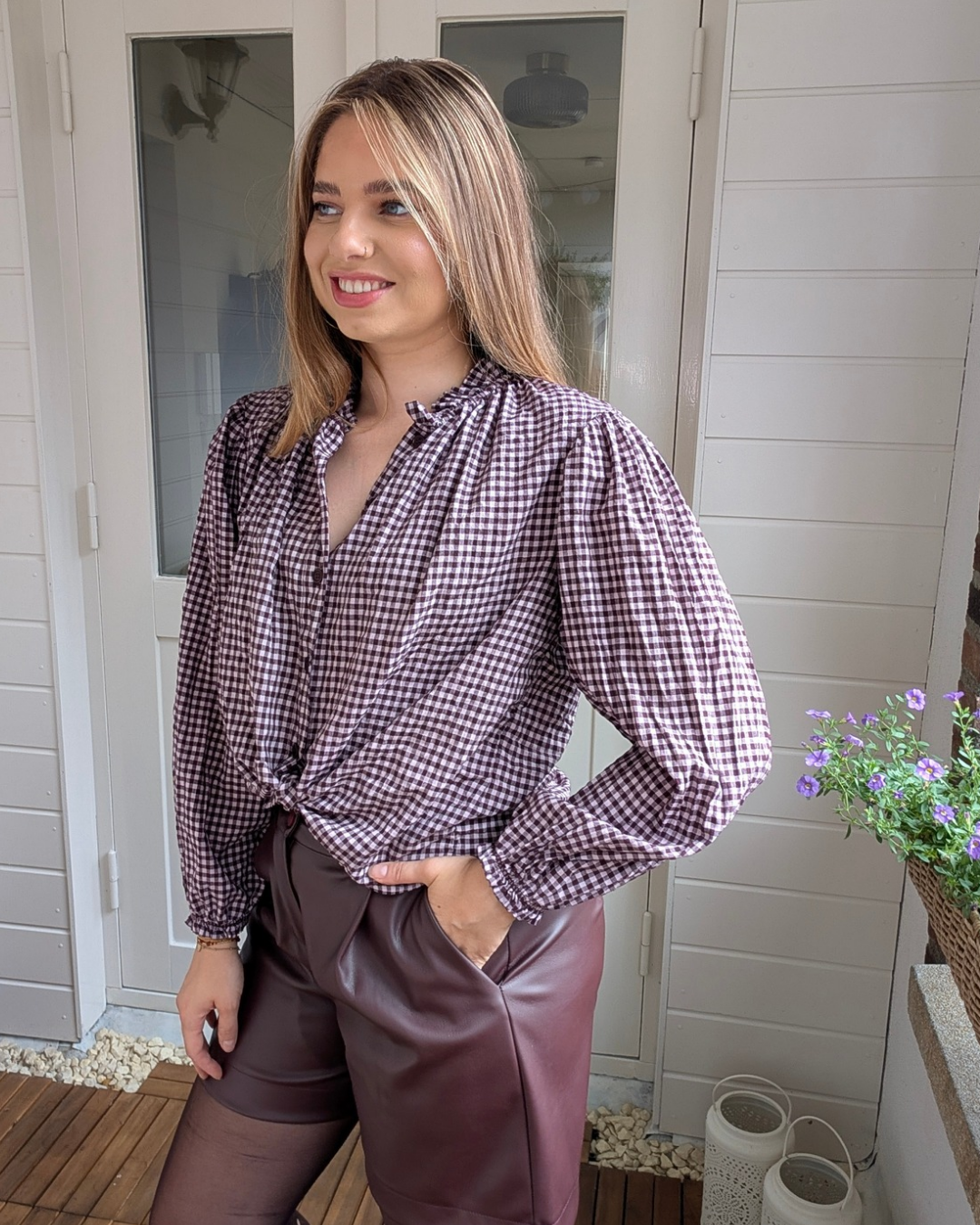 Ruffle Check Blouse – Aubergine