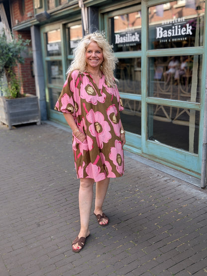 Mara print flower jurk - Roze / bruin/ geel