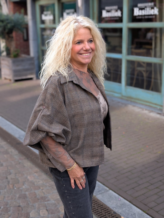 Kuram ruitjes blouse - Taupe / creme / zwart