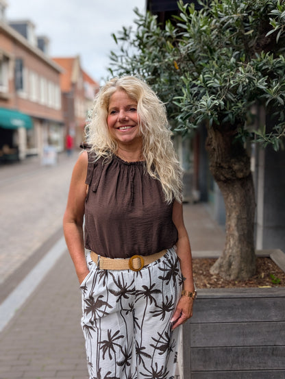 Babs palm pantalon - Off white/ bruin met riem
