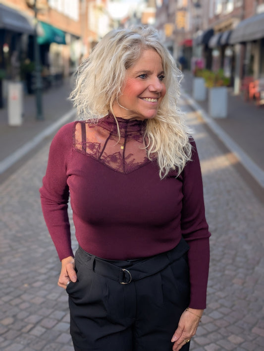 Top met kanten hals - Bruin