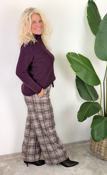 Lian Geruite pantalon met strikceintuur - Taupe / bruin / bordeaux