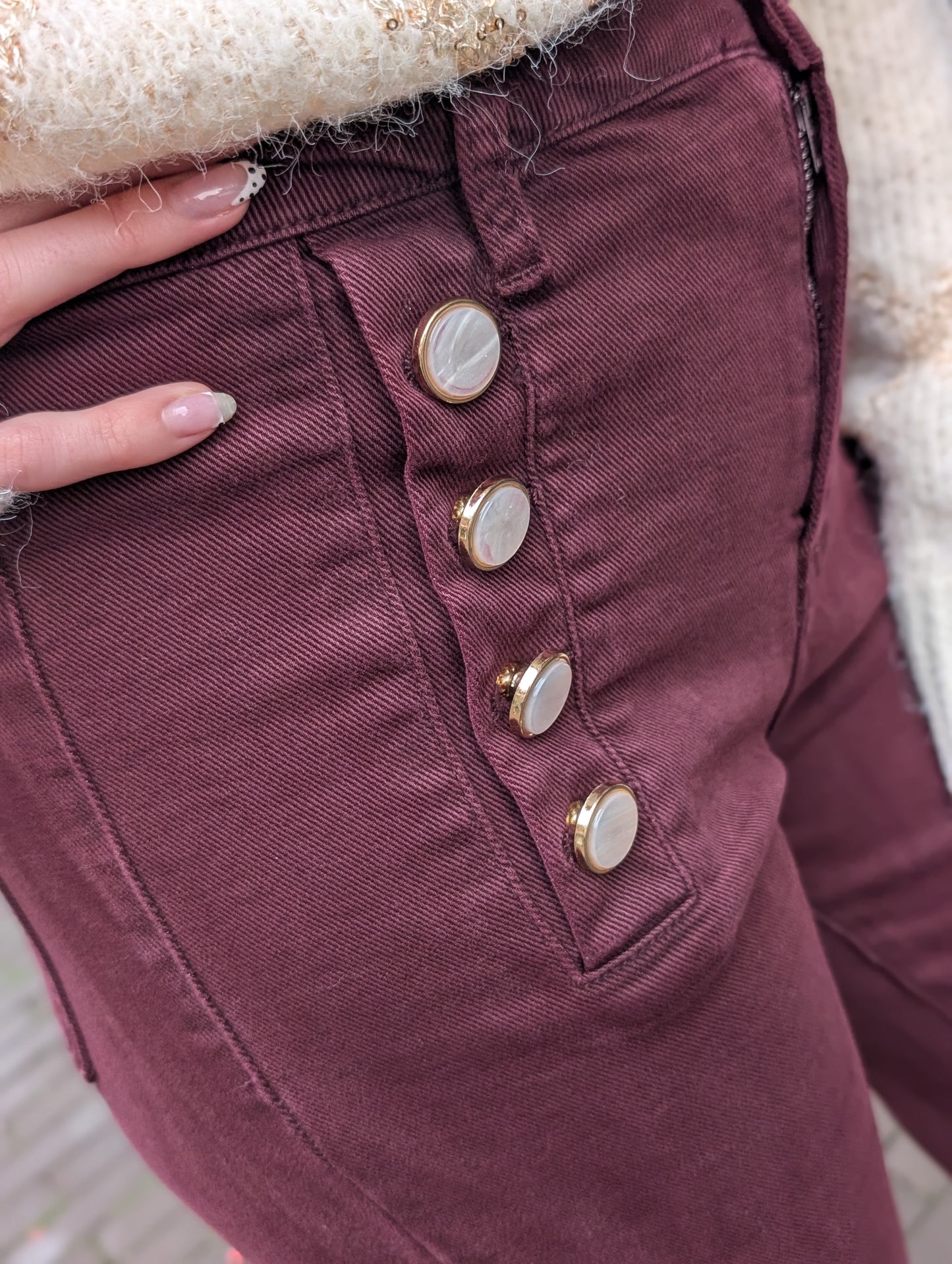 Folyrose wide leg met knopen - Bordeaux rood