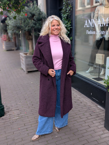 Lange teddy jas Evie - Wijnrood