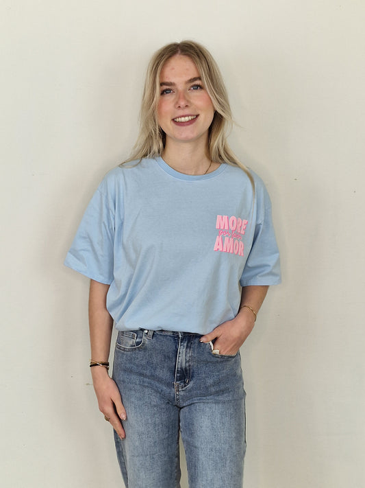 More por favor amor shirt - Licht blauw/ roze