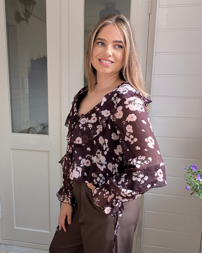 Feline Ruffle Balloon Bloemen Print Blouse - Plum/Pink