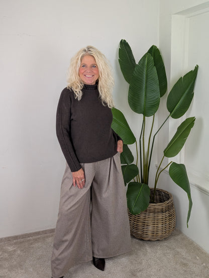 Gion ruitjes pantalon met bruine ceintuur - Bruin / creme