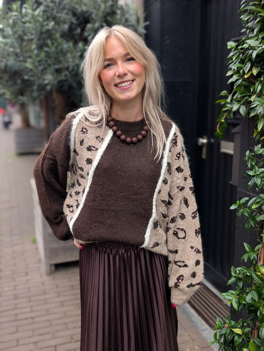 Gebreide trui met panter glitter Julia - Bruin mix