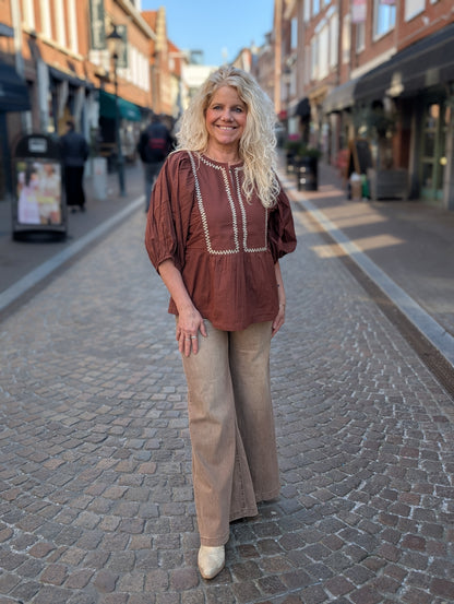 Zusss borduur blouse grafisch dessin - Mid Brown