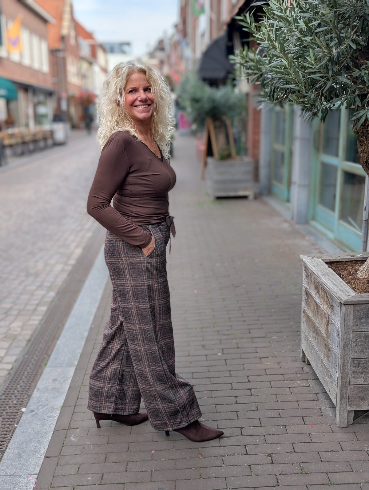 Lian Geruite pantalon met strikceintuur - Grijs / taupe / blauw