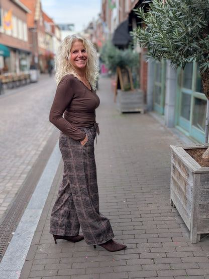 Lian Geruite pantalon met strikceintuur - Grijs / taupe / blauw