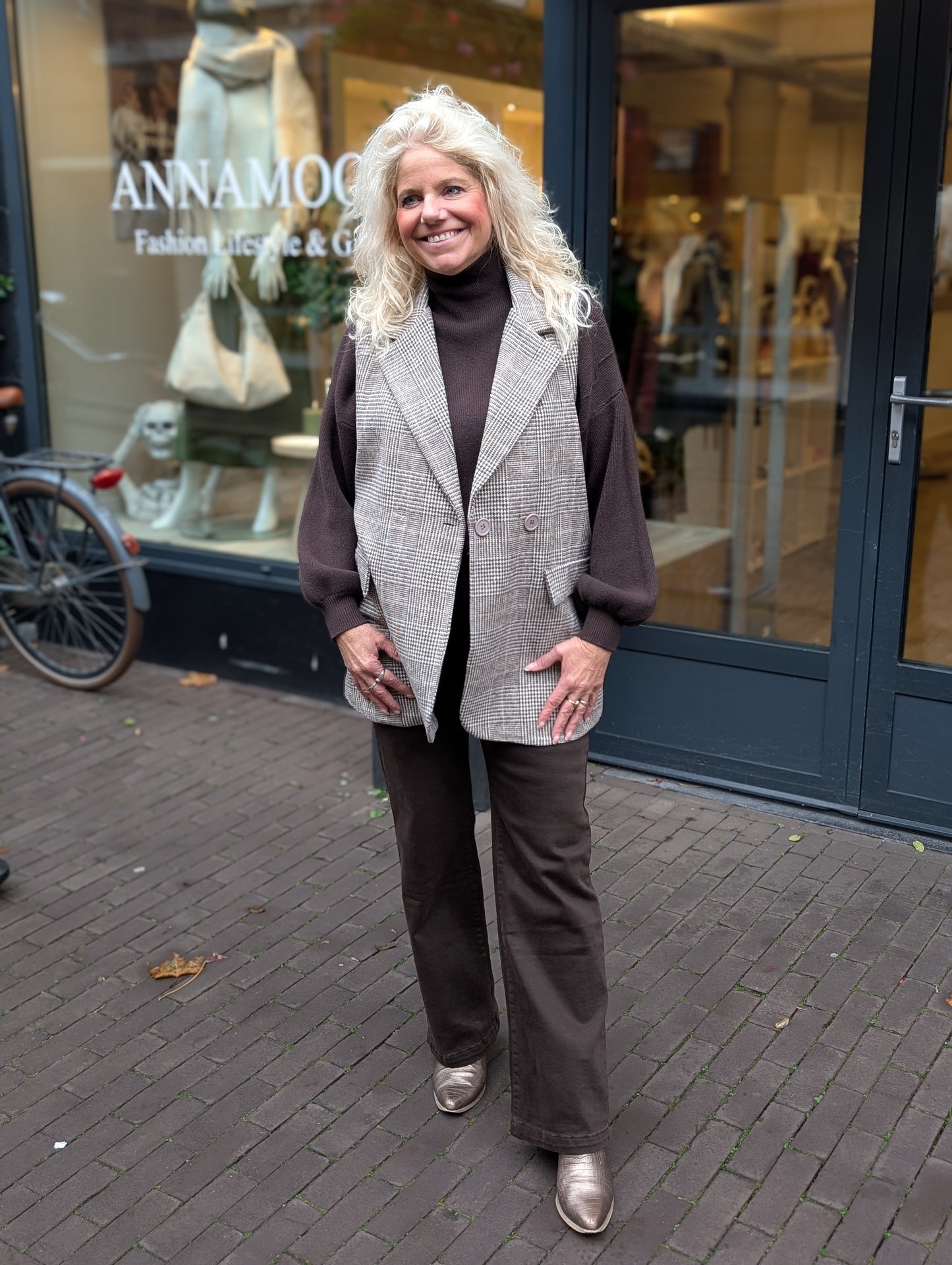 Cleo ruit lang gilet - Taupe/ bruin