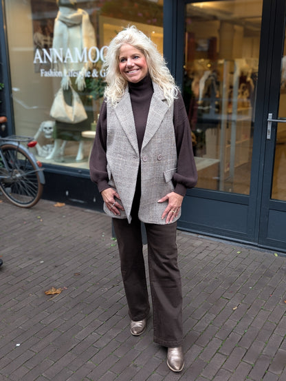 Cleo ruit lang gilet - Taupe/ bruin
