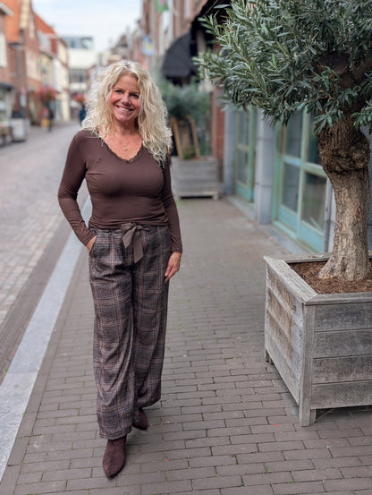 Lian Geruite pantalon met strikceintuur - Grijs / taupe / blauw