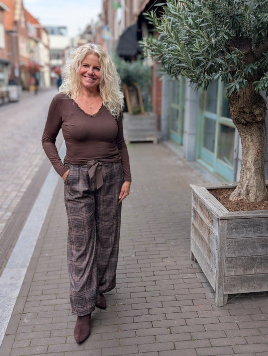 Lian Geruite pantalon met strikceintuur - Grijs / taupe / blauw