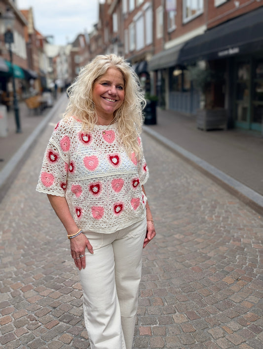 Pamela gehaakte trui - Ecru/ roze