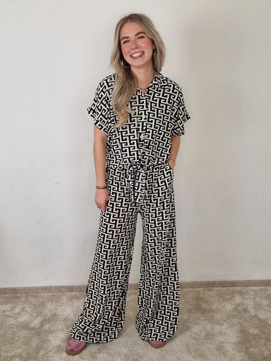 Nicole pantalon - geometrisch print creme/ zwart print