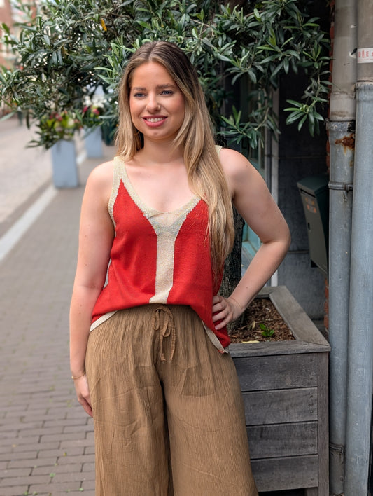 Mila glitter top met v-hals  - Donker orange / goud