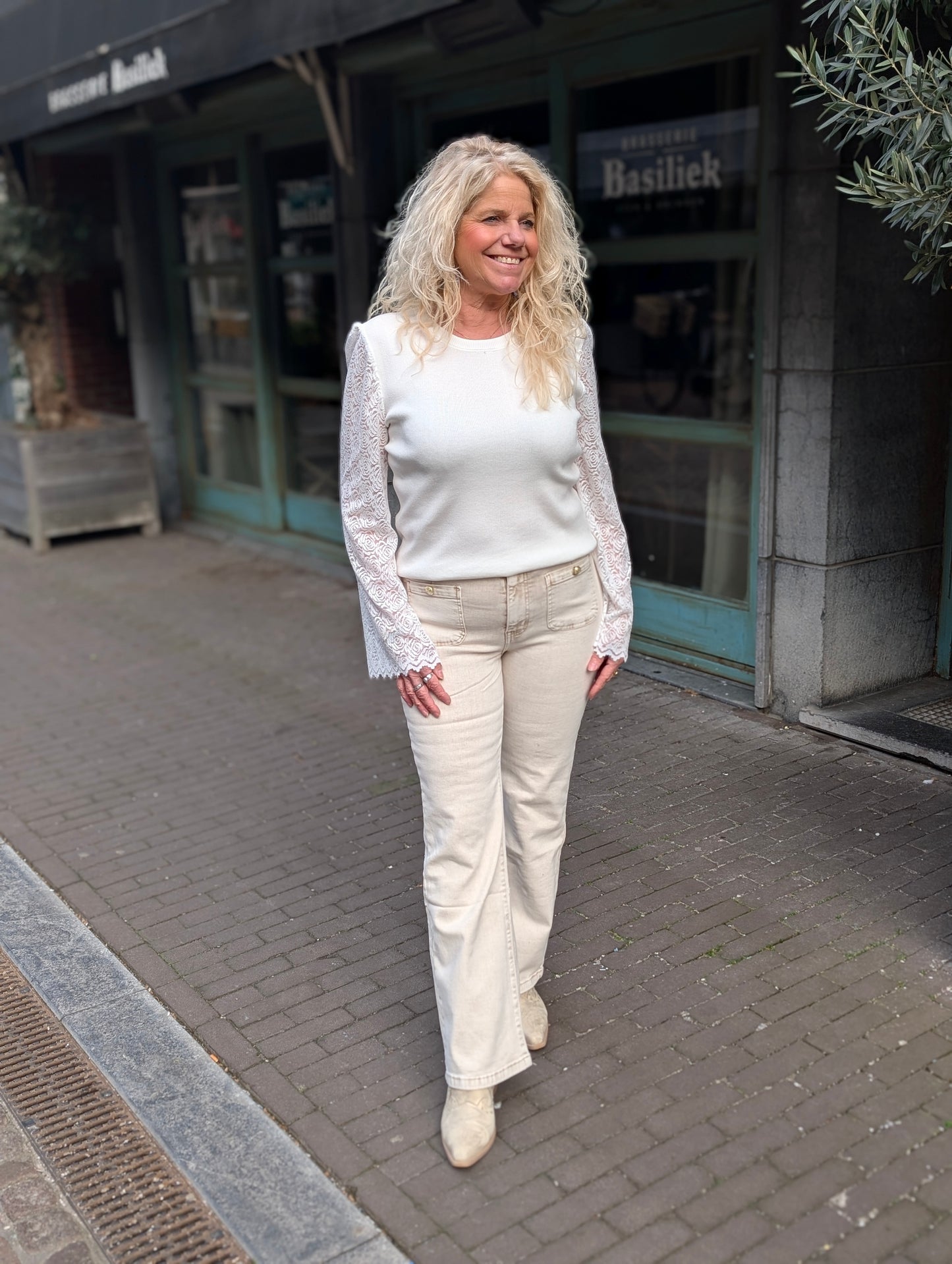 Wide leg jeans washed Renske - Beige