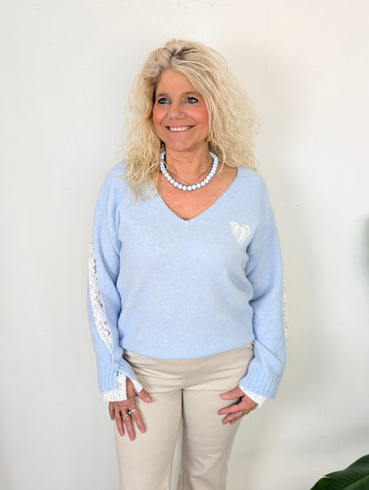 Lens trui met kant - Licht blauw