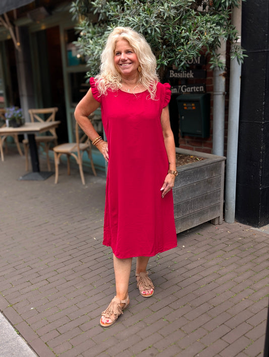 Debbie jurk met knopen aan de achterkant - Donker Rood