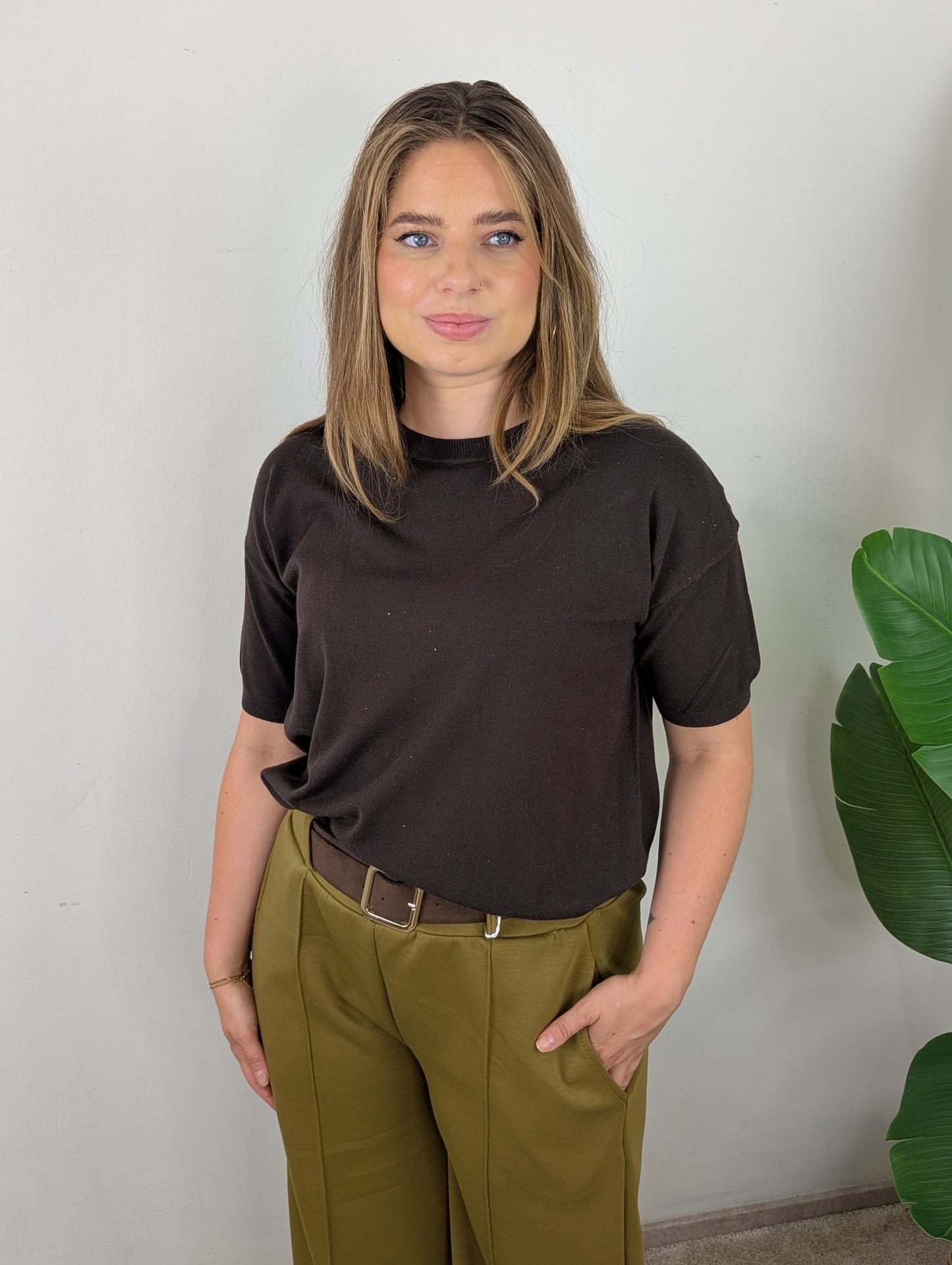 Sparkle knit top korte mouw - Bruin