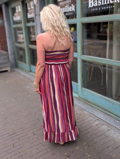 Off sholder stripe jurk - Magenta / creme / brique/ aubergine