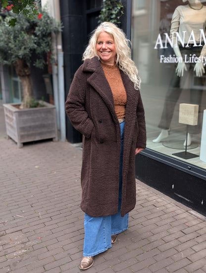 Lange teddy jas Evie - Donkerbruin