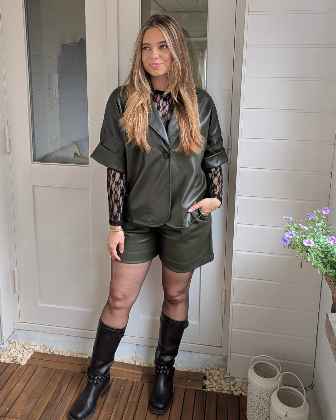 Liva Faux Leather short sleeve Blazer - Green