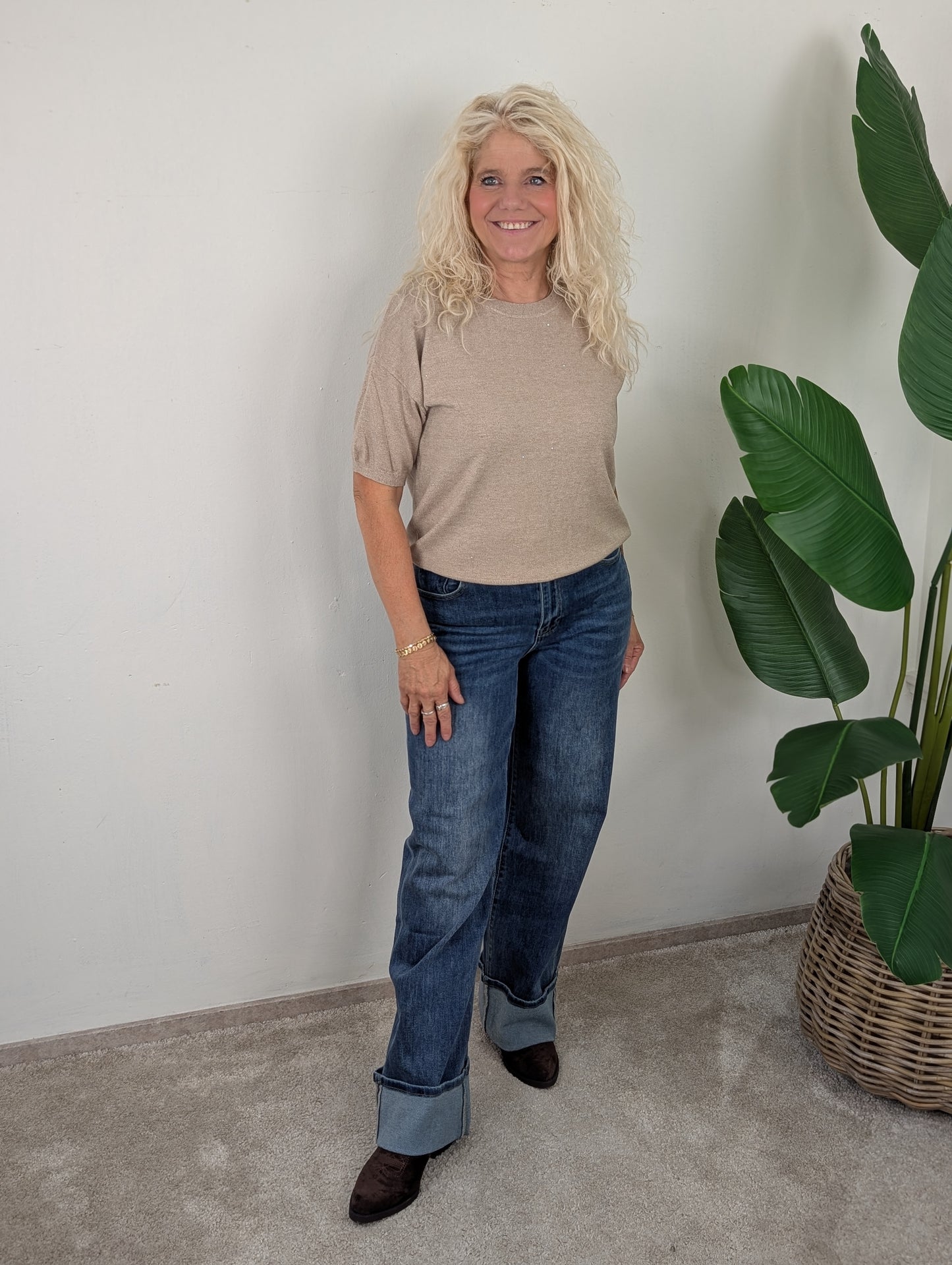 Sparkle knit top korte mouw - Zand