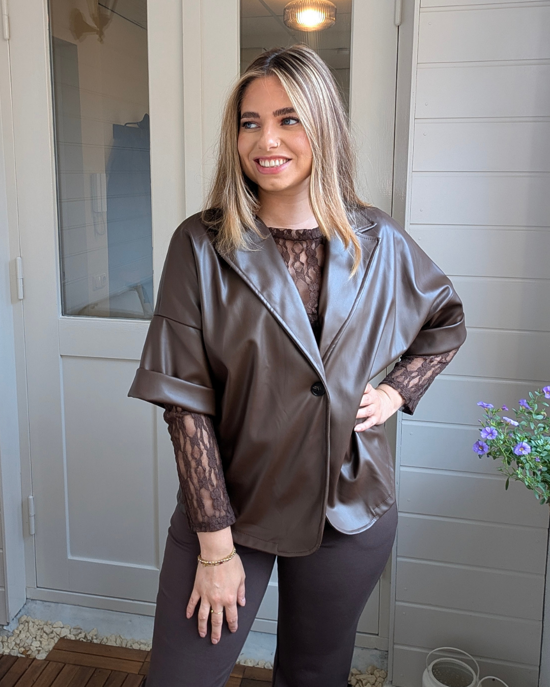 Liva Faux Leather short sleeve Blazer - Brown