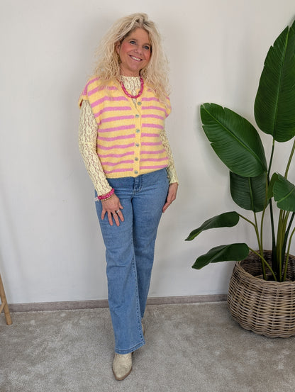 Gestreepte cardigan spencer Tess - Geel/Roze