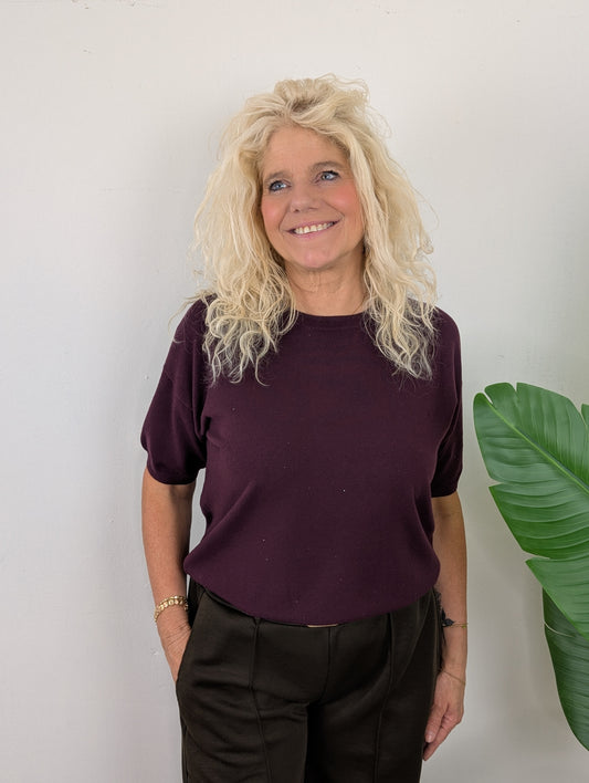 Sparkle knit top korte mouw - Wijnrood