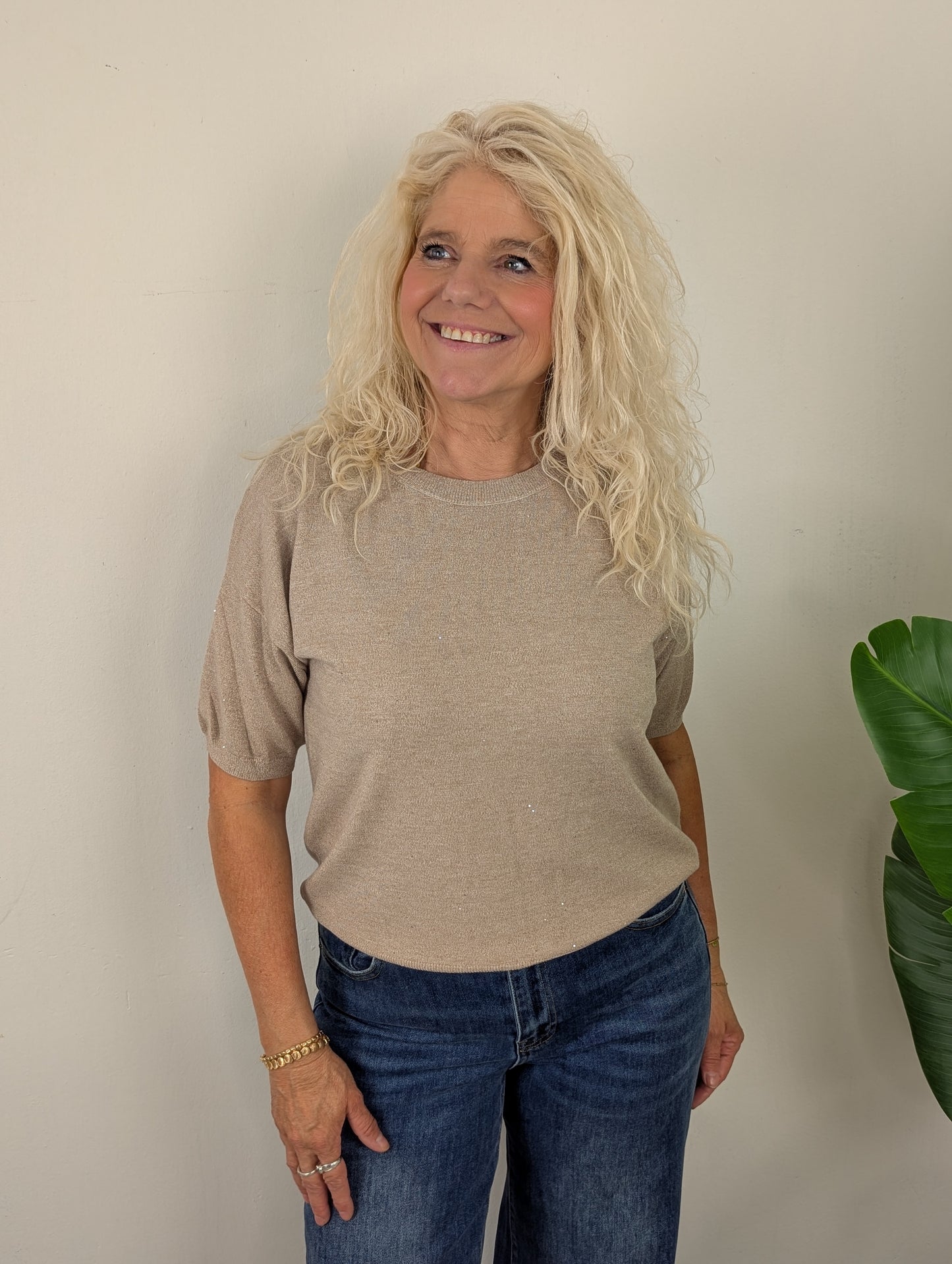 Sparkle knit top korte mouw - Zand