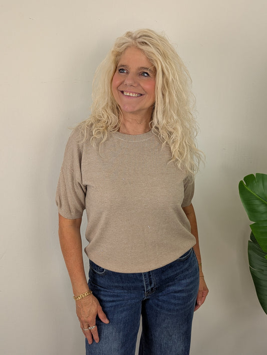 Sparkle knit top korte mouw - Zand