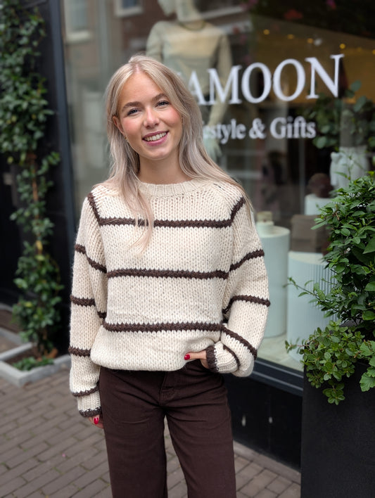 Su streep kabel trui - Creme/ Bruin