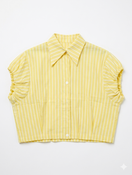 Gestreepte Crop Blouse met Geplooide Schouders - Geel