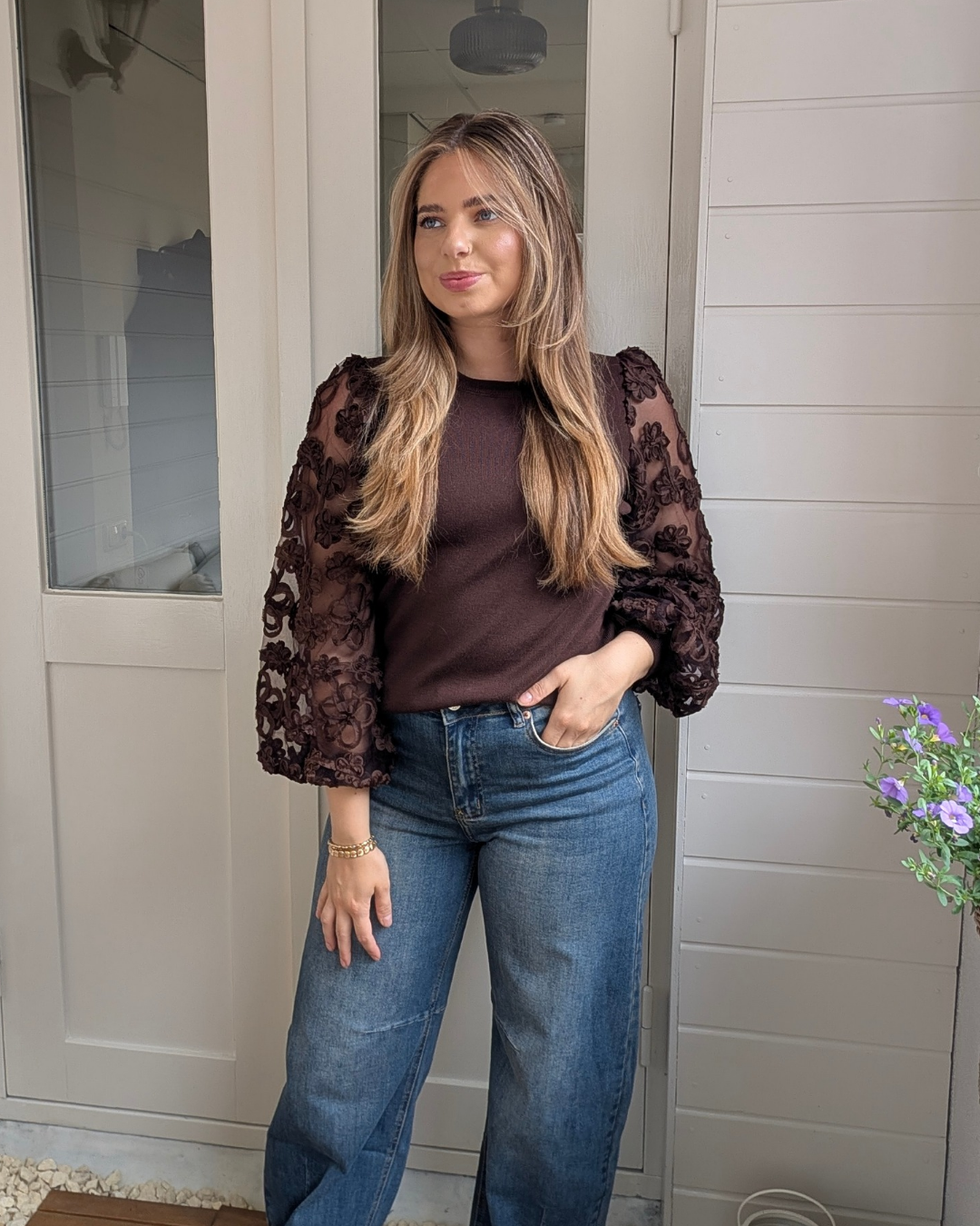 Flower Sleeve Top Lange Mouwen - Bruin