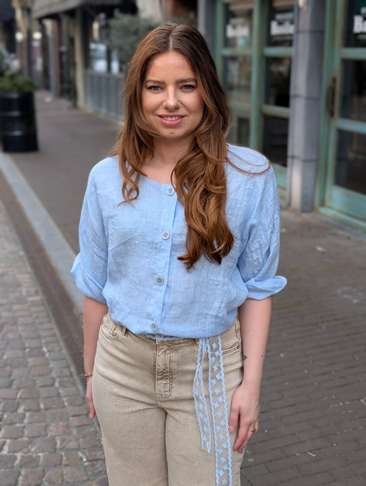 Linnen doorknoop blouse Emma - Lichtblauw