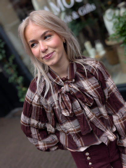 Geruitte strik blouse - Coffee