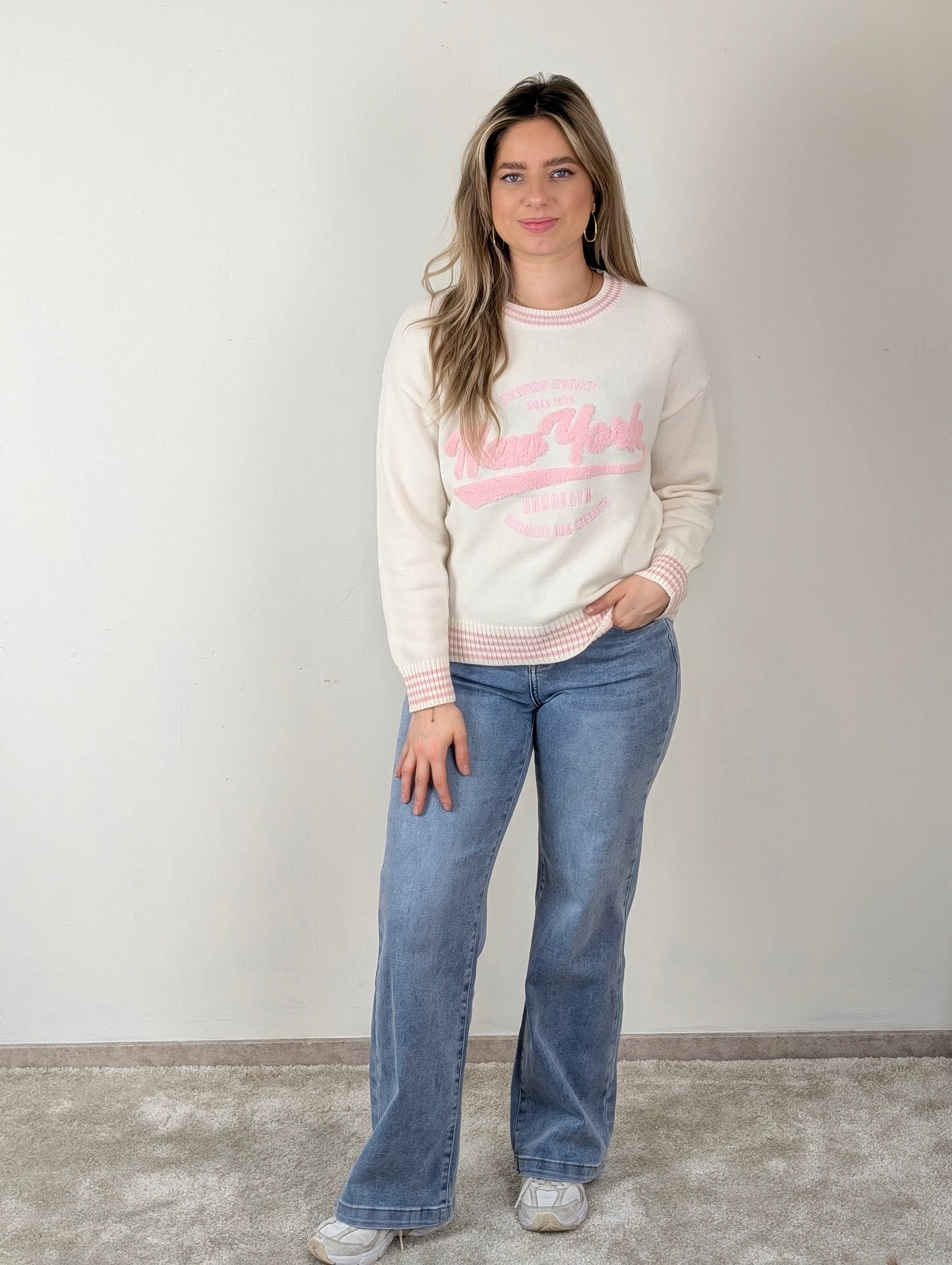 New york Lilly trui - Creme/roze