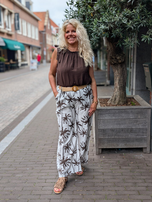 Babs palm pantalon - Off white/ bruin met riem